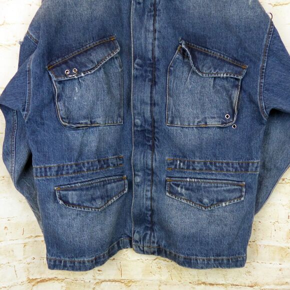 Zara Man 1975 Denim Field Jacket Men L Blue Utility Distress Embellished Grunge - Picture 9 of 14